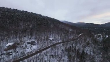Yüksek karlı dağlarla çevrili buzlu nehir kıyıları boyunca yumuşak bir alçak uçuş..