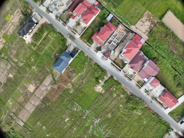 Sungai Penuh, Jambi, Endonezya 'daki kırsal yerleşim ve pirinç tarlalarının havadan görünüşü. Kentsel yayılmayı, tarım arazisi dönüşümünü ve tarım ve konut alanları arasındaki karışık kullanımlı manzarayı gösteriyor.