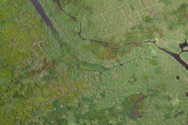 Sungai Penuh, Jambi, Endonezya 'daki kırsal yerleşim ve pirinç tarlalarının havadan görünüşü. Kentsel yayılmayı, tarım arazisi dönüşümünü ve tarım ve konut alanları arasındaki karışık kullanımlı manzarayı gösteriyor.