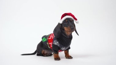 Sıcak Noel süveteri ve Noel Baba şapkası giymiş tatlı itaatkar dachshund köpeği beyaz arka planda fotoğraf çekimi veya reklam için poz verir, etrafına bakar ve kaçar.