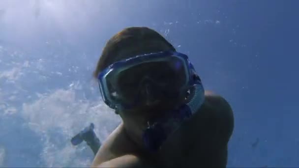 Νεαρός περίεργος αθλητικός άνδρας με πτερύγια, μάσκα και αναπνευστήρα καταδύεται κάτω από το νερό για να εξερευνήσει τον πυθμένα και τη ζωή της θάλασσας, υποβρύχια λήψη με κάμερα δράσης. Δραστηριότητες υπαίθριων χώρων διακοπών — Αρχείο Βίντεο