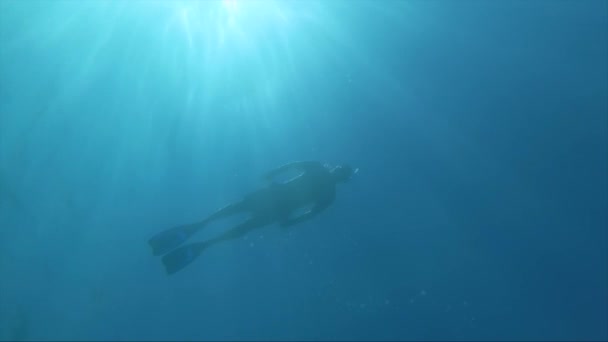 Młody sportowiec w stroju do nurkowania z maską na twarzy i płetwy na stopach pływa pod wodą, pokazuje różne postacie ze swoim ciałem i nurkuje do kamery akcji — Wideo stockowe