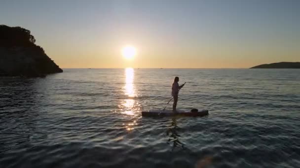 海に沿ってパドルでSUP-boardを漕ぐ女性のシルエットと水を反映して日没時に澄んだ空に対して波打つ波. — ストック動画