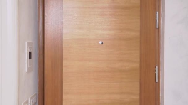 Инопланетянин с зеленой кожей входит в комнату, открывая деревянную дверь — стоковое видео