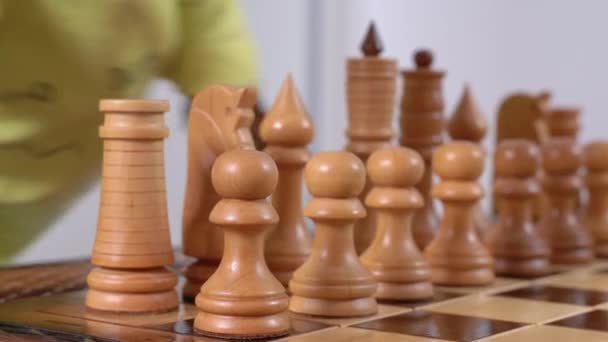 Boze hond in gele kleren gooit schaakstukken naar beneden — Stockvideo