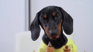 Sarı tişörtlü huzursuz köpek yavrusu satranç taşlarını çalmak istiyor ve beklenti içinde dudaklarını yalıyor. Yaklaş. Yaramaz köpek ortalığı dağıtacak.