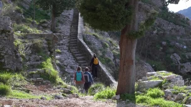 Toeristen groep beklimt stenen trappen met balustrade naar heuvel — Stockvideo