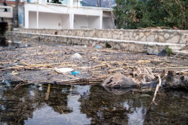 Çöpler ve eski kurumuş dallar yüzünden doğal olarak oluşan atık atık su arıtma tesisi ile dolu havzada bir baraj. Belediye kanalizasyon sistemi