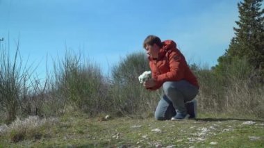 Genç adam yeşil çayırlarda beyaz Stellaria çiçekleri topluyor.