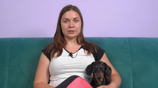 Mujer propietaria con cachorro dachshund habla con la cámara en el sofá — Vídeo de stock