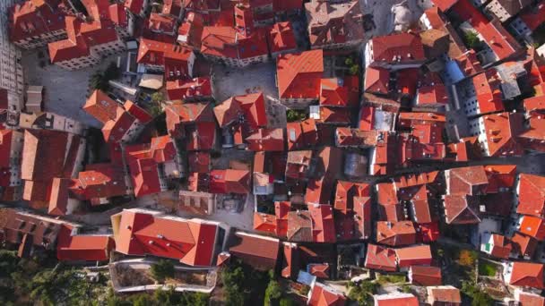 Bostadsområde med röda takbyggnader nära asfalterad väg — Stockvideo