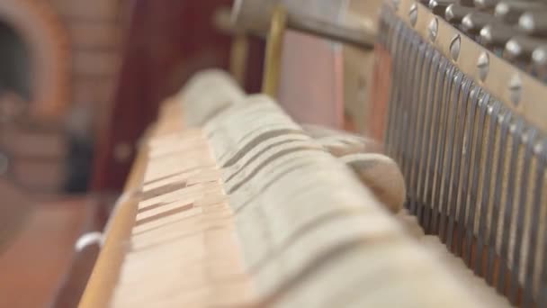 Молотки стучат струнами в музыканта, играющего на вертикальном пианино — стоковое видео