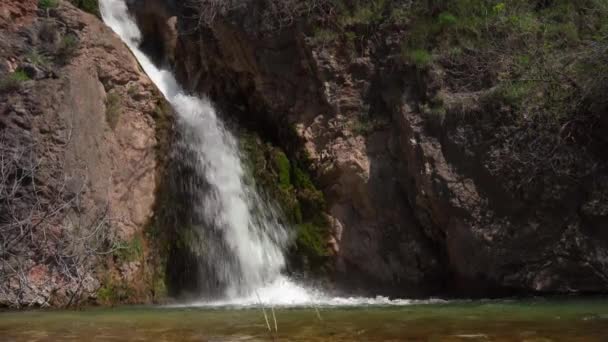 Der tosende Wasserstrom eines kleinen Wasserfalls rauscht von der mit Moos bedeckten Klippe herunter und plätschert in einen Damm auf dem Fluss. Schöne Ausblicke auf abgelegene Ecken der Natur — Stockvideo