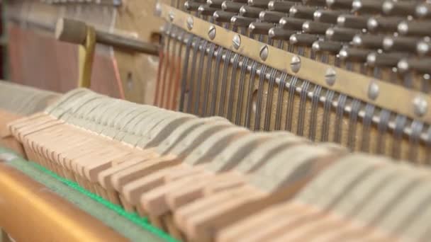 Felted mallets actively strike strings to produce sound or music when a person plays the piano, close up, view from inside. Internal structure of upright piano interior — Vídeos de Stock