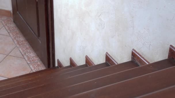 Petite balle tombe de l'escalier au mur beige et à la porte — Video
