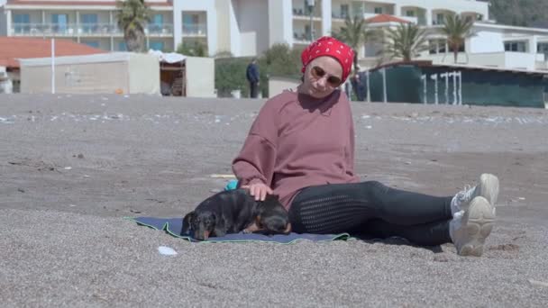 Kobieta głaska małego psa jamnika spędzającego czas na plaży — Wideo stockowe