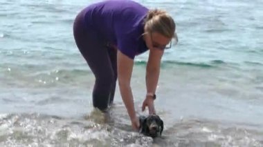 Kadın idareci şirin dachshund köpeğine yüzmeyi öğretiyor. Hayvan kürekleriyle sahile gidiyor ve sahibi de onu destekliyor. Islak yorgun hayvan sahile çıktı ve sudan kurtuluyor.