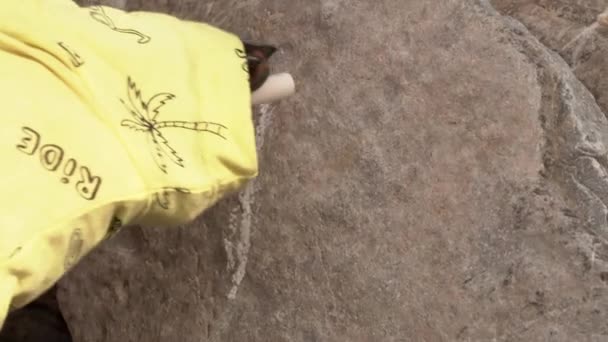 Тренированная собака в жёлтой футболке рисует линии на каменной стене белым мелом, крупным планом. Животное делает выемки, отмечающие количество дней, прошедших. Ожидание важного события — стоковое видео