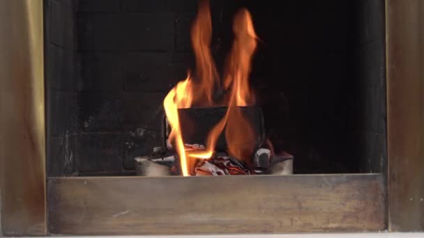 Timmer brinner ner i öppen spis, avger en lätt rök och skapar värme och komfort i huset, främre vy, närbild. Möbler i heminredning. Jul eller semester atmosfär — Stockvideo