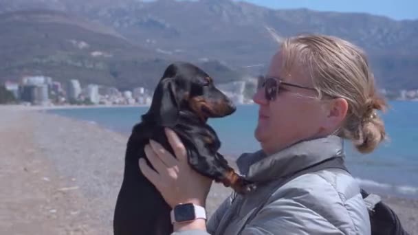 Güneş gözlüklü mutlu sarışın kadın kapanış günü deniz kenarında kumlu sahilde komik küçük siyah bir Dachshund köpeği öpüyor. — Stok video