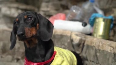 Sarı tişörtlü zavallı köpek yavrusu yürürken kayboldu ve şimdi sahibini bulmak için etrafına bakıyor, kapat. Çöplükteki köpek, bulanık arkaplan