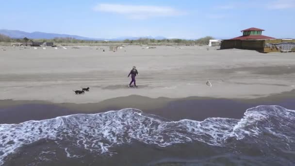 Athletic woman runs along beach and plays with puppies — 图库视频影像