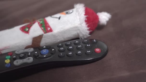 Juguete suave en forma de muñeco de nieve se encuentra junto al control remoto de la televisión, de cerca. El perro intenta recoger el juguete, pero toca el gadget y presiona accidentalmente el botón — Vídeo de stock