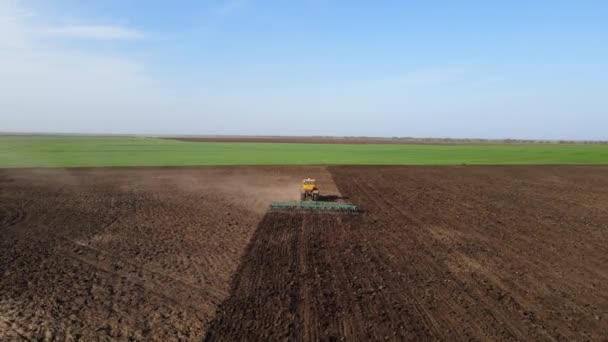 Trator agrícola com arrasto arado dirige ao longo arado de campo — Vídeo de Stock