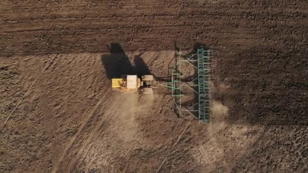 Tractor with harrows plows a field, preparing the soil for seasonal wheat sowing in countryside, top view, shooting with drone from a height. Agricultural concept — Stock Video