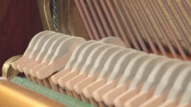 Tamirci piyanoyu ayarlar ve keçeli sopaların işlevselliğini kontrol eder. Tellere çarpan sesler çıkarır, kapatır, içeriden bakar. Müzik aletinin bakımı