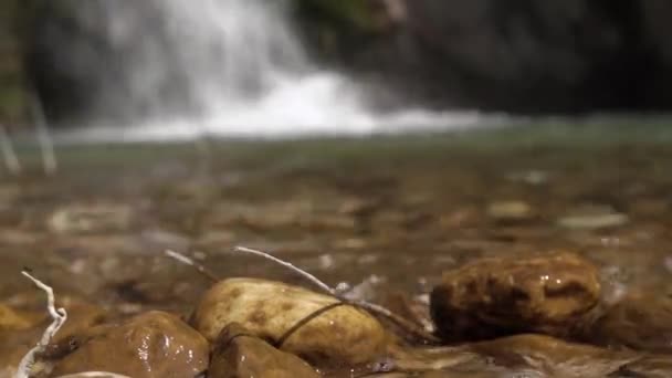 Lautstark fließt klares kaltes Wasser aus einem mit Moos bedeckten Felsen, das in alle Richtungen spritzt, aus nächster Nähe. Schönheit der Natur in entlegenen Ecken des Planeten. Montenegro — Stockvideo