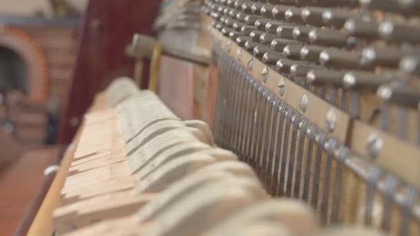 Row of small hammers tapping strings to make sound at musician playing melody on vertical piano at lesson extreme closeup. — Stock Video
