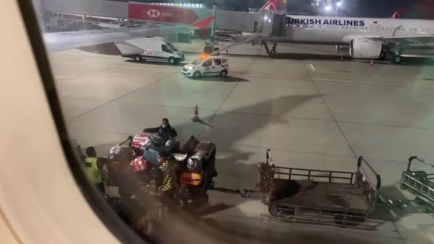 Uniformierte Mitarbeiter des türkischen Flughafens laden nach der Landung Gepäck aus dem Flugzeug in Trolleys, um es zum Gebäude zu transportieren, Blick von innen durch Fensterglas — Stockvideo