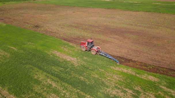 Duży Czerwony Ciągnik Niebieskim Dyskiem Pług Napędy Wzdłuż Szerokiego Pola — Wideo stockowe