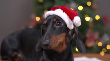Kırmızı Noel Baba şapkalı şirin üzgün köpek yavrusu tatil arifesinde yalnız bırakıldı. Üzücü bir şekilde Noel ağacında yatıyor. Kapalı, bulanık arka plan.