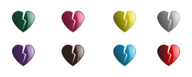 Kalp kırıklığı, üzüntü, boşanma ya da bir ilişkinin sonu için pembe, kırmızı ve mor renkli, sembolik vektör çizimleri olan yaratıcı kalp kırma ikonları..