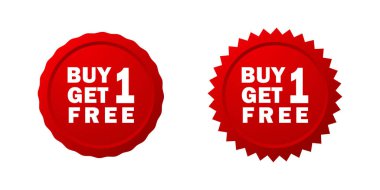 Red Buy 1 Temiz ve pürüzlü kenarlı 1 ücretsiz tanıtım rozeti, perakende satışlar için yüksek etkili pazarlama etiketleri, özel teklifler ve indirimler.