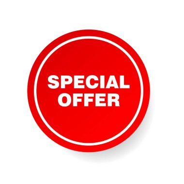 Beyaz kalın metinli kırmızı dairesel teklif rozeti, promosyon pazarlama, satış reklamları ve vektör biçimindeki indirimli etiketler için ideal.
