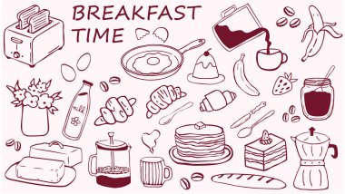 Elle çizilmiş kahvaltı karalamaları yemek, kahve, kruvasan, gözleme, tost, meyve, süt, kek, moka demliği. Çizim mürekkebi tarzında minimalist çizgi çizimi, La dolce vita italyan tarzı.