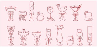 El yapımı yaylı Coquette kokteylleri. Kurdeleli sevimli estetik gözlükler ve eskiz tarzında eğilme. Düğün davetiyeleri için bekarlığa veda partisi unsurları. Çizgi sanat vektörü estetiği.