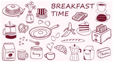 El yapımı kahvaltı ve kahve karalaması klasik tarz ikonlar. gözleme, yumurta, tost ve kafe elementleri. Restoran menüleri, brunch davetiyeleri ve yemek blogları için modaya uygun eskiz tarzı..