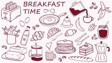 kahvaltı, kahve, el yapımı, vektör, doodle, yemek, kafe, kruvasan, çizgi sanatı, illüstrasyon, fırın, brunch, pasta, tatlı, süt, badem sütü, peynir, tereyağı, kurabiye, kek, moka pot, espresso,