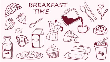 Garip kahvaltı karalamaları ve klasik el yapımı ikonlar. Kahve, kruvasan ve hamur işleri, kafe menüleri ve brunch davetiyeleri için basit bir çizim stili..