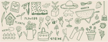 Bahçe karalama seti, bahar tarım çizimi, vektör el çizimi çiçek çizimi, çiftlik bitkileri. Karalama çizgisi, organik çiçek, bahçe aletleri, fide, doğa yaz elementi. Bahçe karalaması.