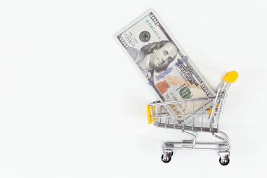 Minyatür alışveriş arabasında beyaz arka planda 100 dolarlık banknot var. E-ticaret alım fiyatı, perakende maliyeti ve tek işlem kavramı.