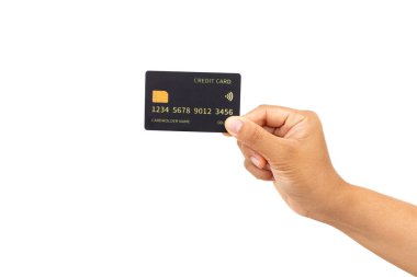 Hand Holding 'in Siyah Kredi Kartı Model' i, Bankacılık ve Mali Ödeme Konsepti için Beyaz Arkaplanda İzole Edildi
