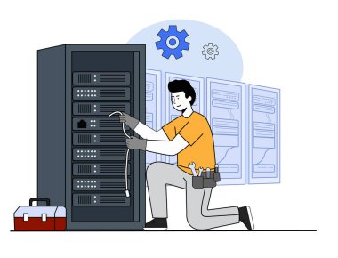 Veri Sunucusu Rack Ağ Bakım ve Sistem Yapılandırma İllüstrasyonunda çalışan IT Teknisyeni
