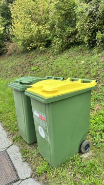 Evin önündeki yeşil çöp tenekesi. Yol kenarında umumi çöp kutusu..