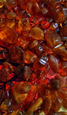 Kırmızı tekstil üzerine dizilmiş, parlak yüzeyi ve sıcak renkleri olan şeffaf kehribar taşlarının yakın çekimi.