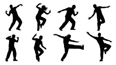 Siyah Katı Fitness Dansı Silüetleri Beyaz Arkaplanda Altı Kişilik Seti beyaz arka planda izole.